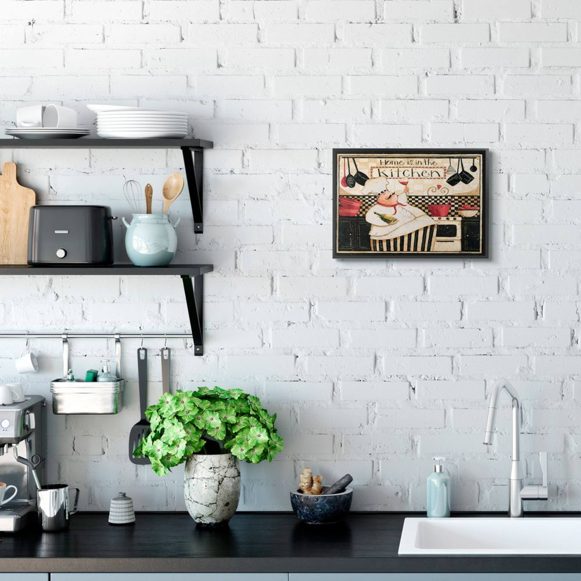 Stupell Industries Home is in the Kitchen with Happy Chef Illustration Framed Wall Art